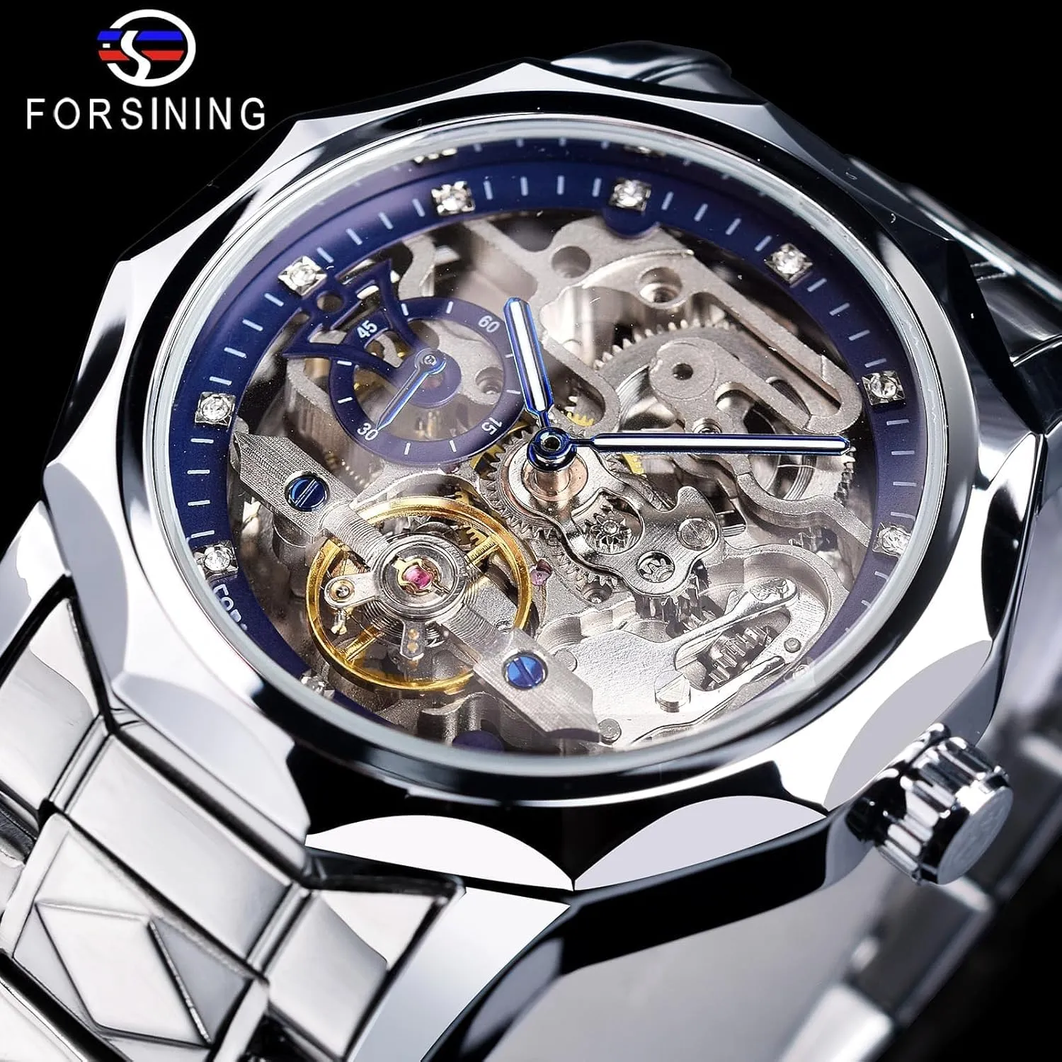 Stainless Steel Bracelet Self-Wind Wristwatch FORSINING Men's Skeleton Automatic Mechanical Watch with Diamond-Cut 12-Sided Bezel geographical & Exposed Gears & Tourbillon Design, Unique Rhombus-Link 
