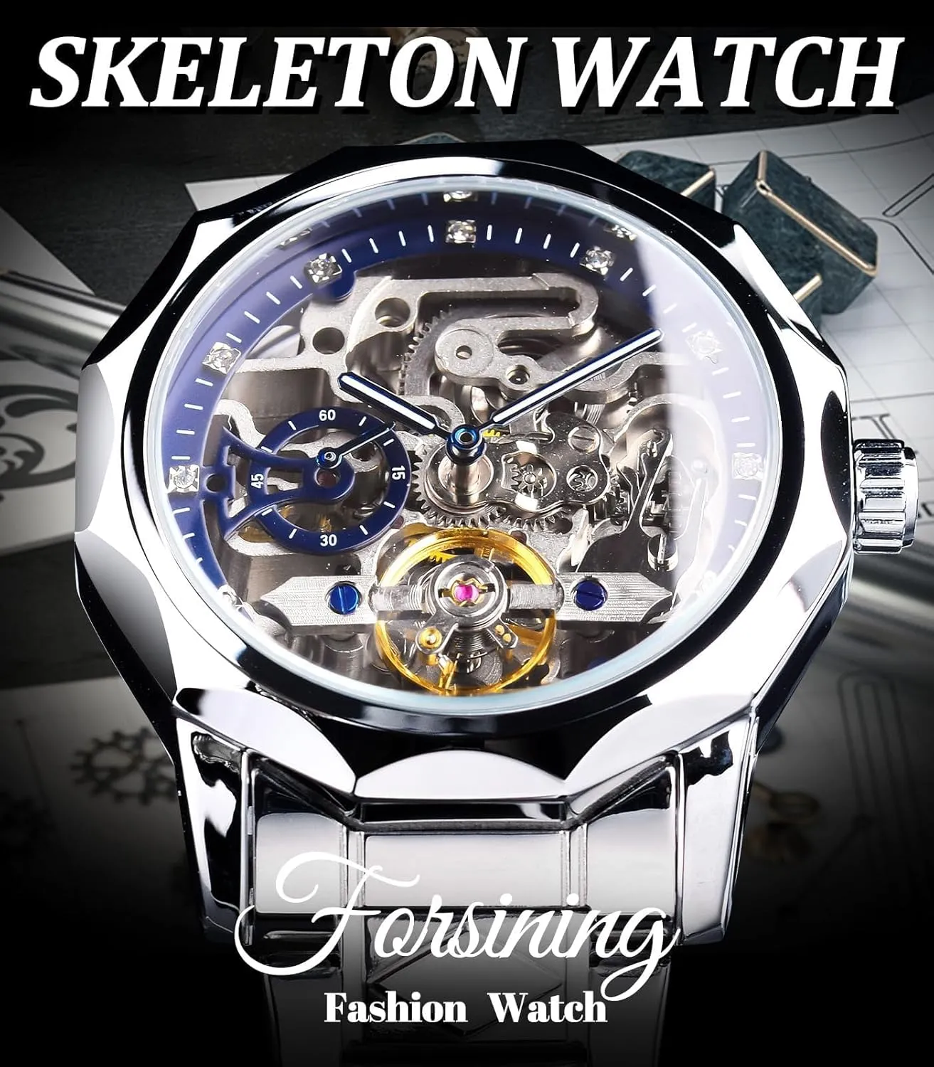 Stainless Steel Bracelet Self-Wind Wristwatch FORSINING Men's Skeleton Automatic Mechanical Watch with Diamond-Cut 12-Sided Bezel geographical & Exposed Gears & Tourbillon Design, Unique Rhombus-Link 