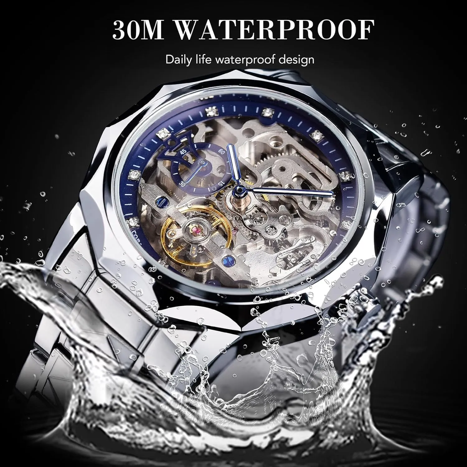 Stainless Steel Bracelet Self-Wind Wristwatch FORSINING Men's Skeleton Automatic Mechanical Watch with Diamond-Cut 12-Sided Bezel geographical & Exposed Gears & Tourbillon Design, Unique Rhombus-Link 
