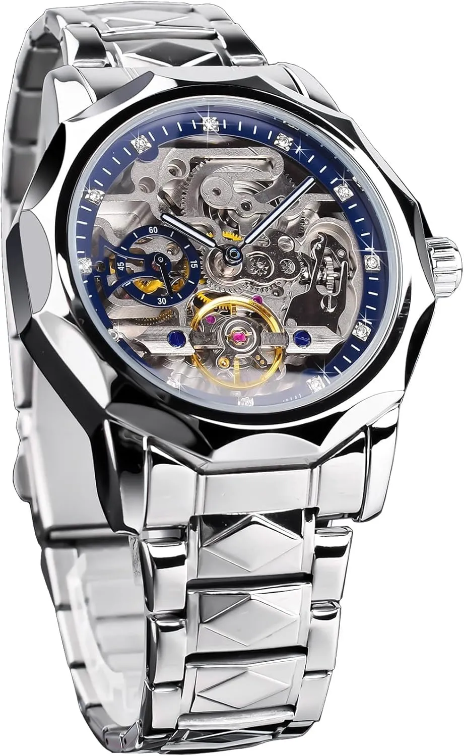 Stainless Steel Bracelet Self-Wind Wristwatch FORSINING Men's Skeleton Automatic Mechanical Watch with Diamond-Cut 12-Sided Bezel geographical & Exposed Gears & Tourbillon Design, Unique Rhombus-Link 