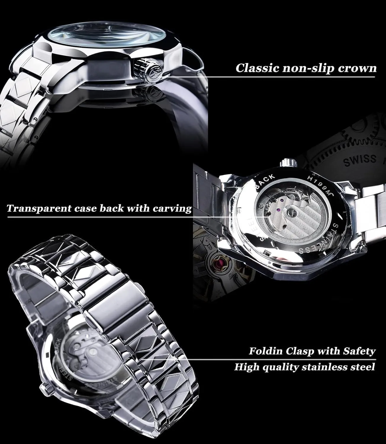 Stainless Steel Bracelet Self-Wind Wristwatch FORSINING Men's Skeleton Automatic Mechanical Watch with Diamond-Cut 12-Sided Bezel geographical & Exposed Gears & Tourbillon Design, Unique Rhombus-Link 