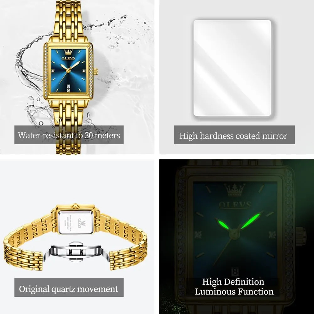 Stainless Steel Date Womens Watches Easy to Read Waterproof Analog Quartz Ladies Watch Small Face seclusion Dutchman entourage immerse Thin Dress Casual Women's Wrist Watches(White/Gold/Blue) OLEVS Luxury Watches for Women Square Gold 