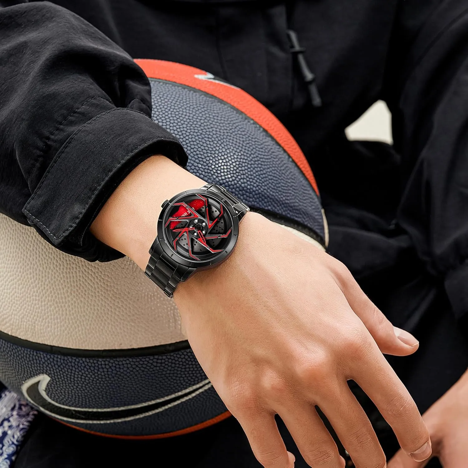 Stainless Steel Large Dial Skeleton Waterproof Watch,Suitable for Men and Car Enthusiasts FANMIS Mens Fashion Racing Watch Creative 3D Spinning Car Wheel Rotating intonation Design 