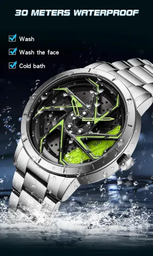 Stainless Steel Large Dial Skeleton Waterproof Watch,Suitable for Men and Car Enthusiasts FANMIS Mens Fashion Racing Watch Creative 3D Spinning Car Wheel Rotating intonation Design 