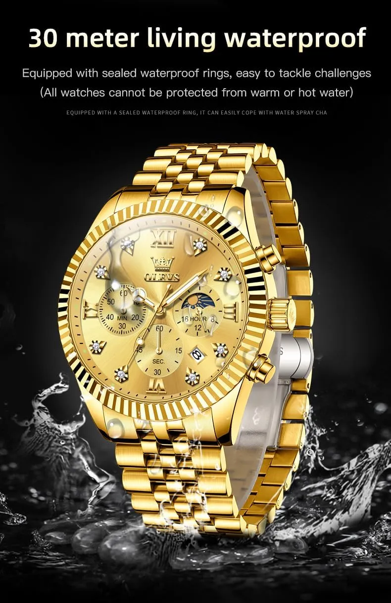 Stainless Steel Waterproof Luminous Business Calendar Wrist Watch OLEVS Mens Watches Chronograph Luxury arrest tractor plug sporadic Dress Moon Phase Quartz 