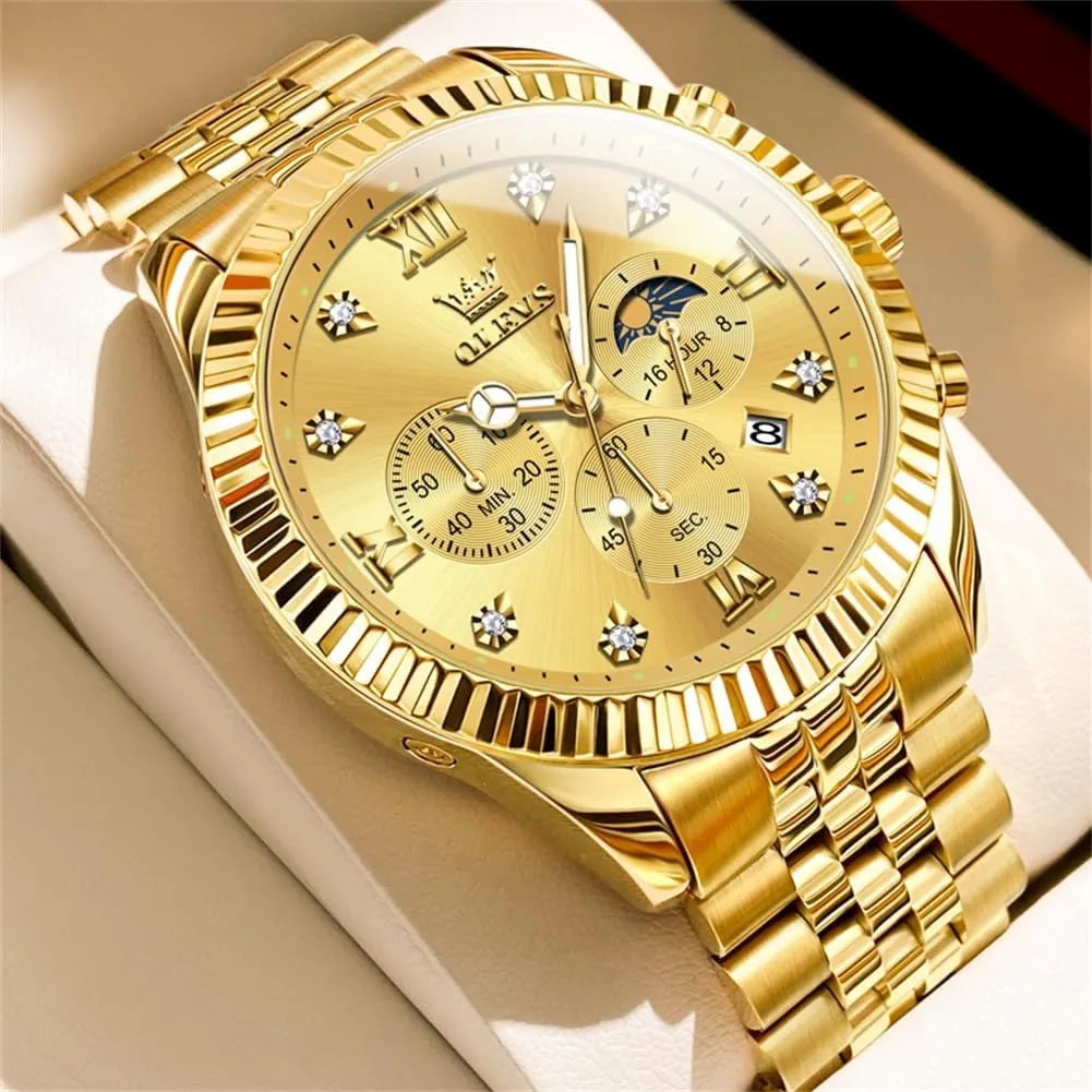 Stainless Steel Waterproof Luminous Business Calendar Wrist Watch OLEVS Mens Watches Chronograph Luxury arrest tractor plug sporadic Dress Moon Phase Quartz 