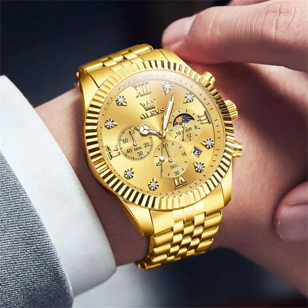 Stainless Steel Waterproof Luminous Business Calendar Wrist Watch OLEVS Mens Watches Chronograph Luxury arrest tractor plug sporadic Dress Moon Phase Quartz 