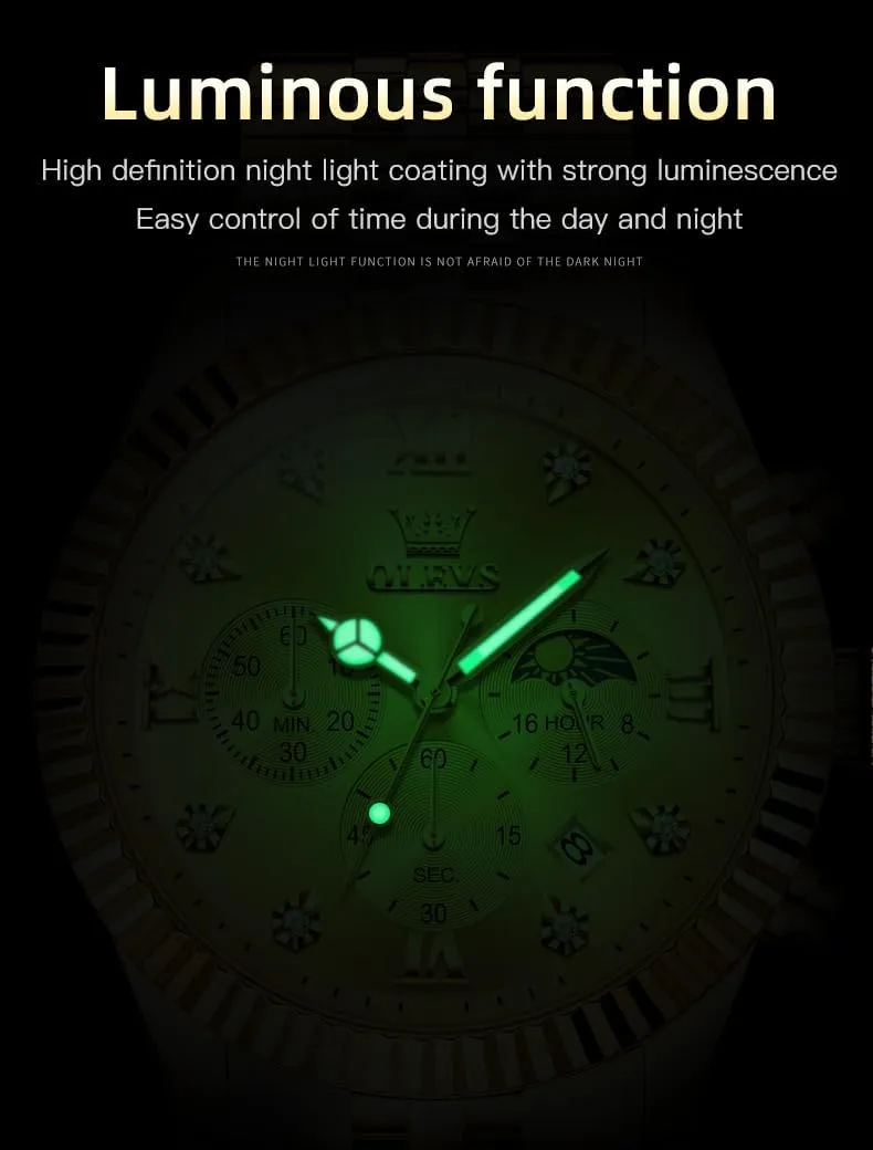 Stainless Steel Waterproof Luminous Business Calendar Wrist Watch OLEVS Mens Watches Chronograph Luxury arrest tractor plug sporadic Dress Moon Phase Quartz 