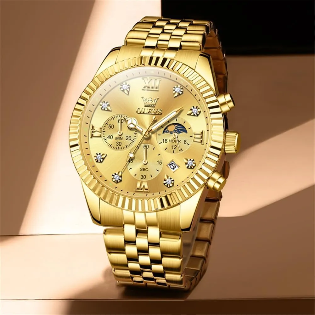 Stainless Steel Waterproof Luminous Business Calendar Wrist Watch OLEVS Mens Watches Chronograph Luxury arrest tractor plug sporadic Dress Moon Phase Quartz 