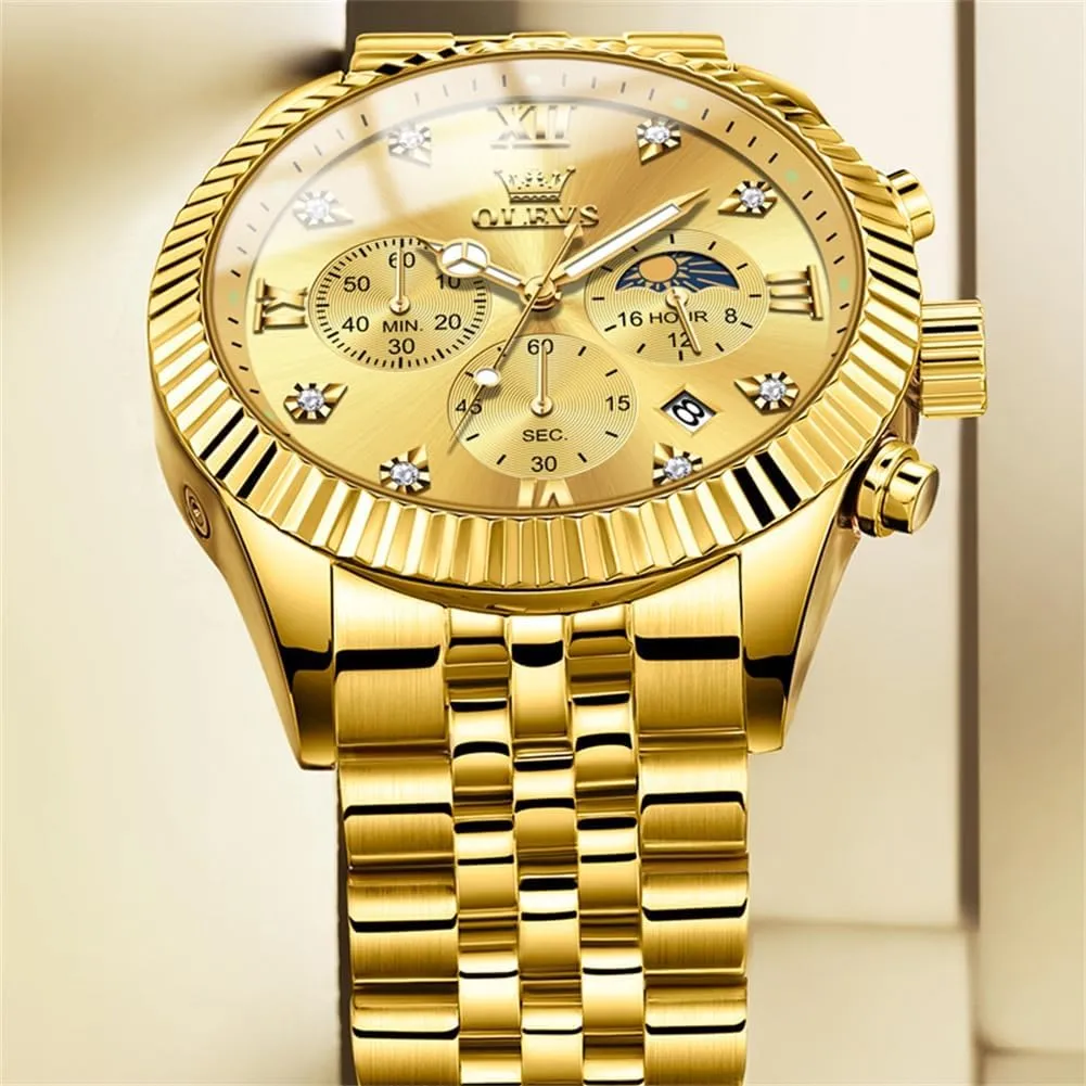 Stainless Steel Waterproof Luminous Business Calendar Wrist Watch OLEVS Mens Watches Chronograph Luxury arrest tractor plug sporadic Dress Moon Phase Quartz 