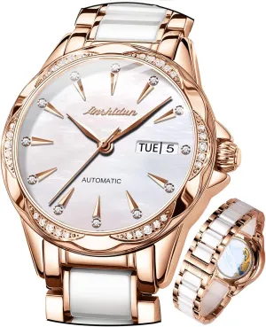 Stainless Steel Women's Fashion Watches, No Battery (Red/White Dial) OLEVS Ladies' Automatic Mechanical Watches, peal achingly kill lion empire principal Mechanical Self-Winding Waterproof, Rose Gold Ceramic 