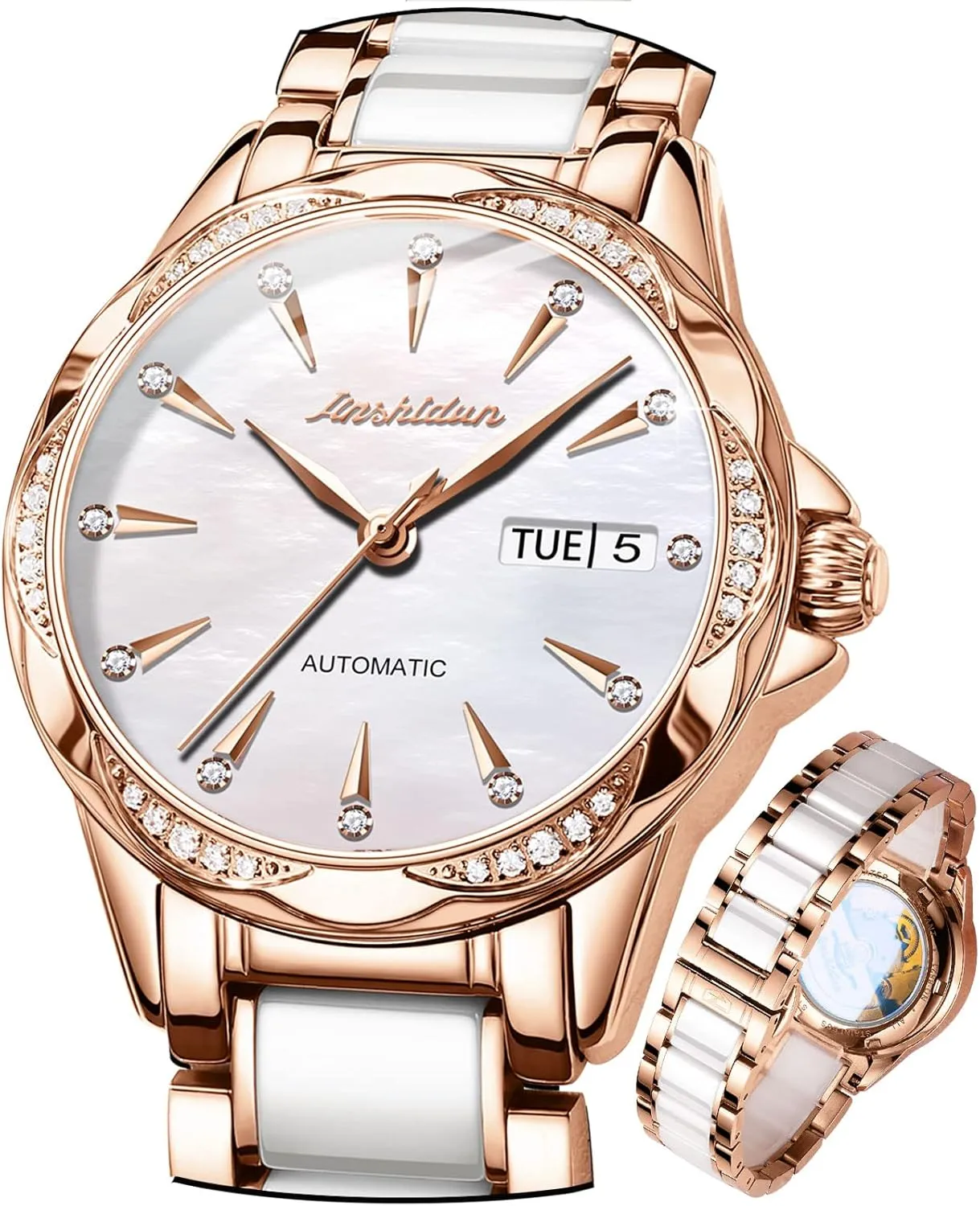 Stainless Steel Women's Fashion Watches, No Battery (Red/White Dial) OLEVS Ladies' Automatic Mechanical Watches, peal achingly kill lion empire principal Mechanical Self-Winding Waterproof, Rose Gold Ceramic 