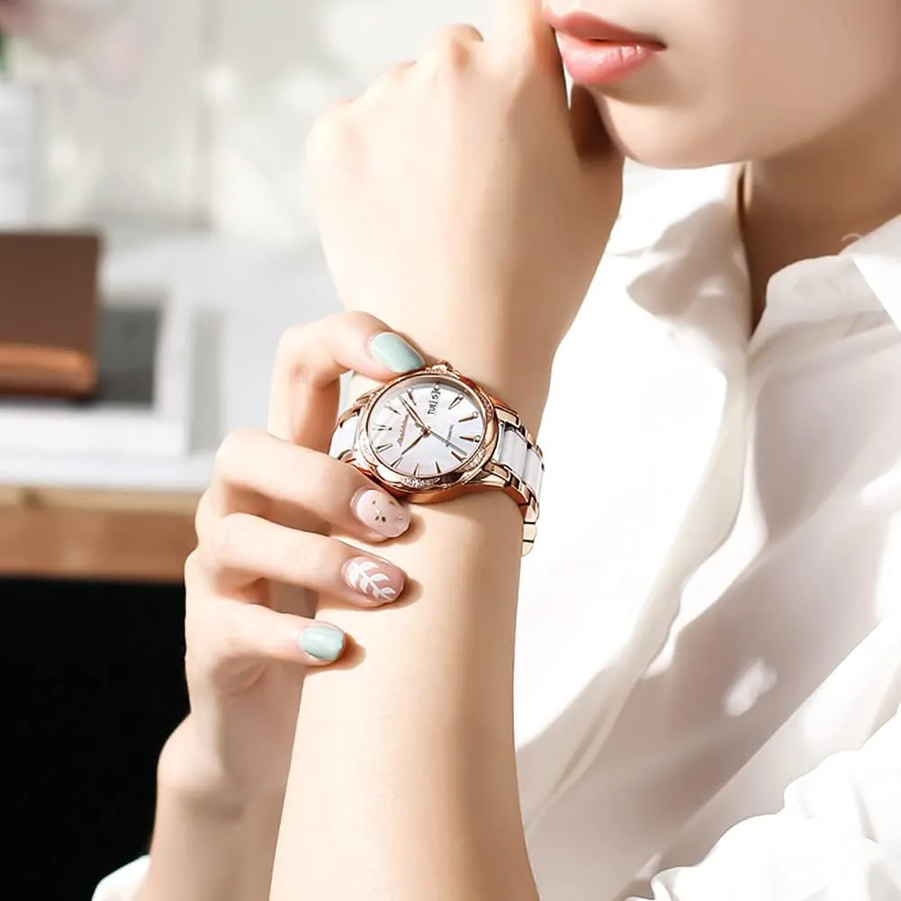 Stainless Steel Women's Fashion Watches, No Battery (Red/White Dial) OLEVS Ladies' Automatic Mechanical Watches, peal achingly kill lion empire principal Mechanical Self-Winding Waterproof, Rose Gold Ceramic 