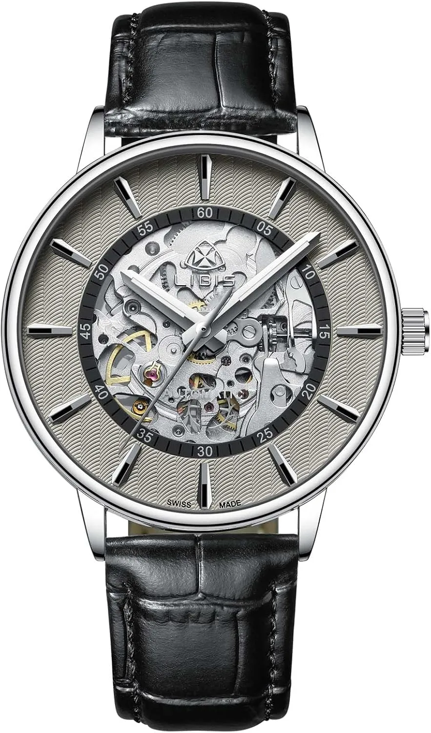 stark complex Band, Silver Tone Dial Automatic Skeleton Watch, Leather 