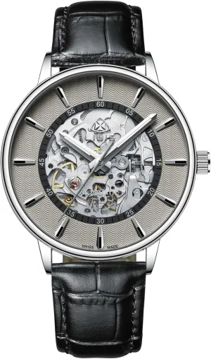 stark complex Band, Silver Tone Dial Automatic Skeleton Watch, Leather 