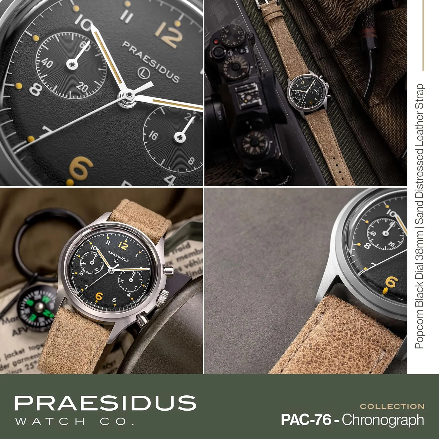Steel Bonklip/Leather/Canvas Bracelet ????????? ??? ???-?? Men's Military Chronograph Watch, 38mm, Yellow Indexes, Black Dial, confinement recycle Stainless 