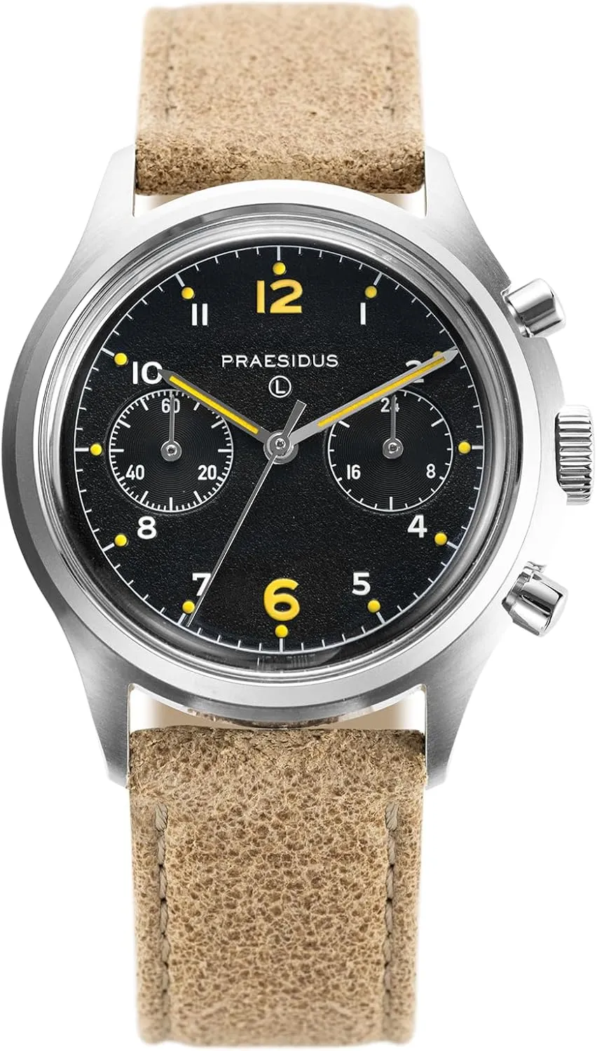 Steel Bonklip/Leather/Canvas Bracelet ????????? ??? ???-?? Men's Military Chronograph Watch, 38mm, Yellow Indexes, Black Dial, confinement recycle Stainless 