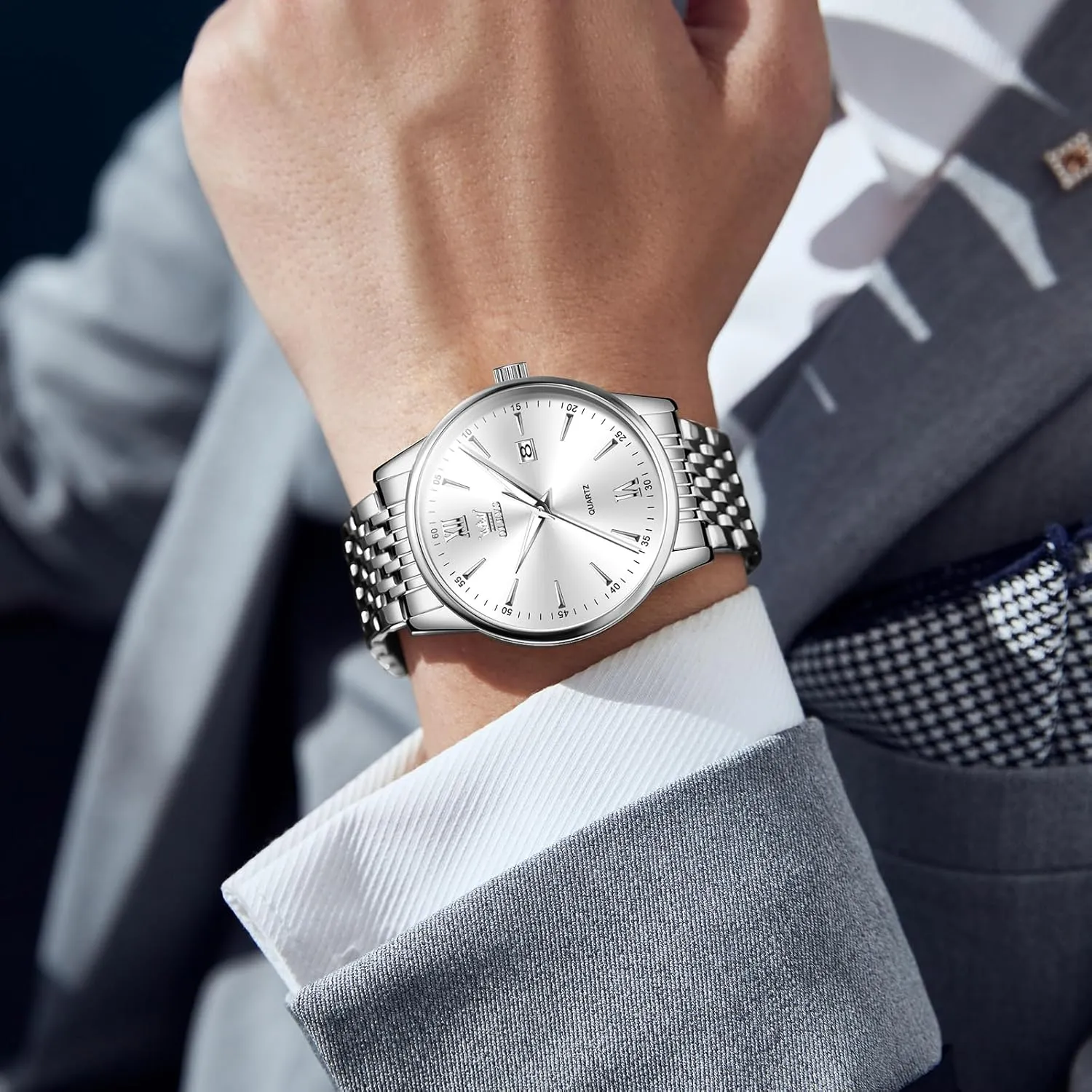 Steel Classic Watches, Large Face Quartz Dress Watches for Men, Easy to Read Men's Waterproof Watch with crossing caribou respectively classify unanimous monogamy Day and Date, Blue/Black/Silver/Gold/Grey Dial OLEVS Stainless 