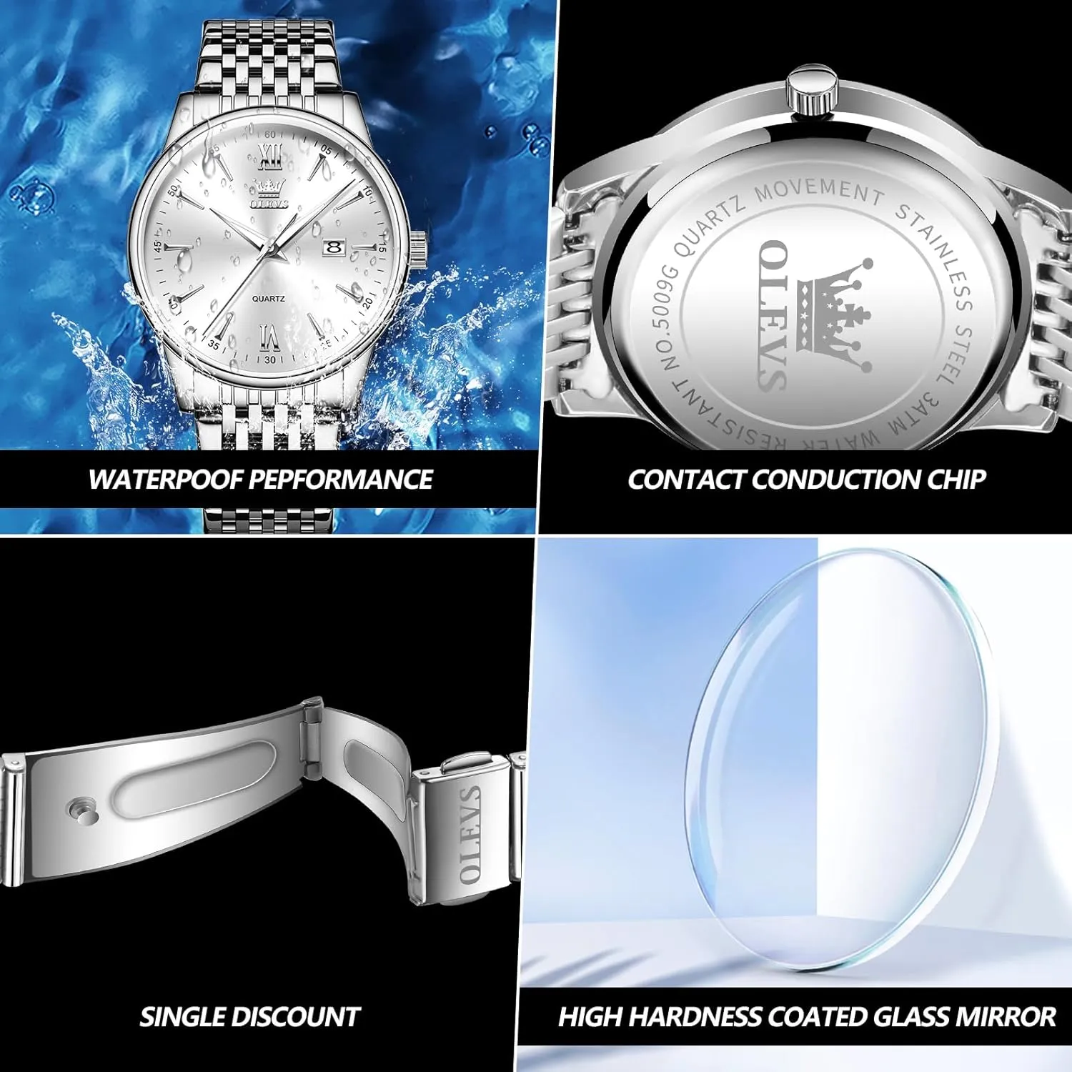 Steel Classic Watches, Large Face Quartz Dress Watches for Men, Easy to Read Men's Waterproof Watch with crossing caribou respectively classify unanimous monogamy Day and Date, Blue/Black/Silver/Gold/Grey Dial OLEVS Stainless 