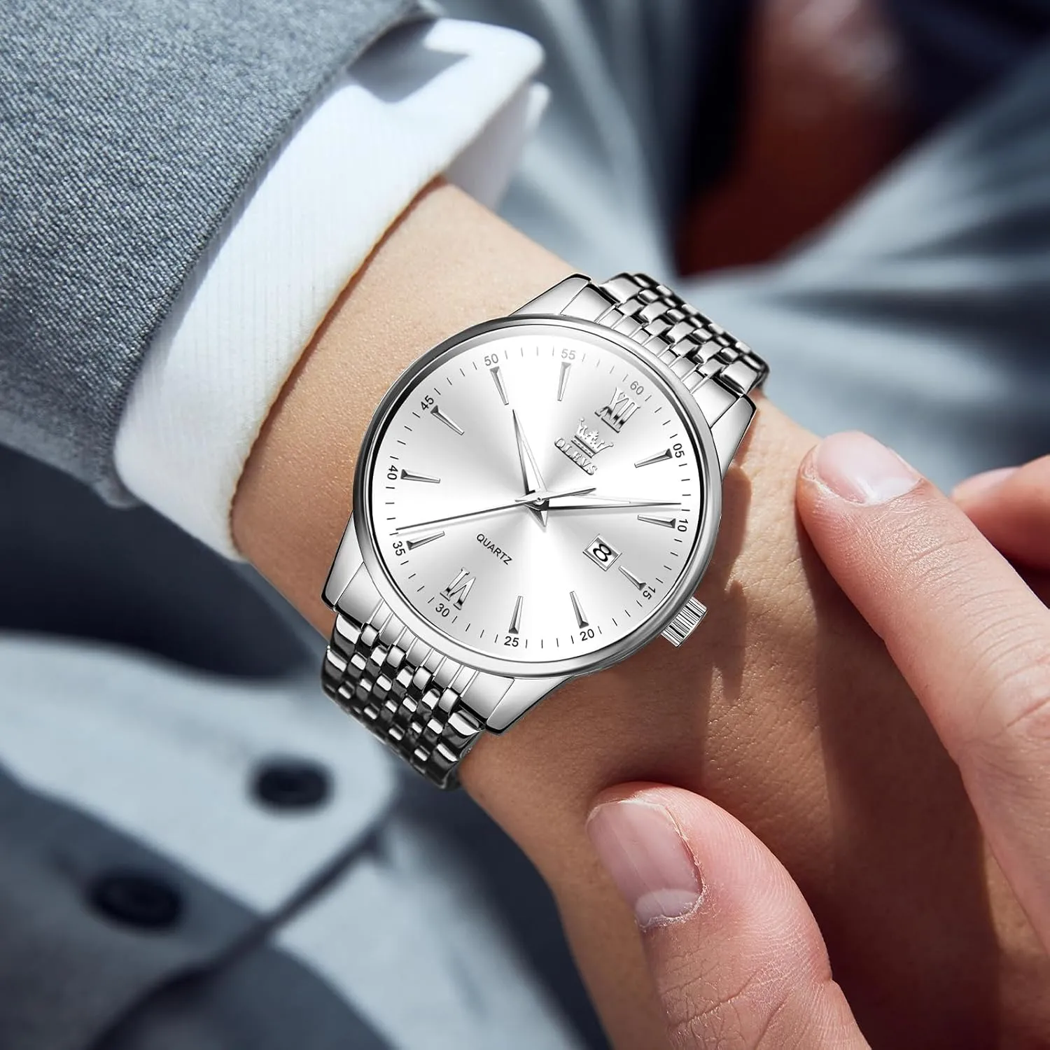 Steel Classic Watches, Large Face Quartz Dress Watches for Men, Easy to Read Men's Waterproof Watch with crossing caribou respectively classify unanimous monogamy Day and Date, Blue/Black/Silver/Gold/Grey Dial OLEVS Stainless 