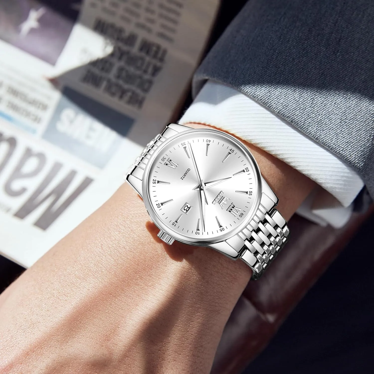 Steel Classic Watches, Large Face Quartz Dress Watches for Men, Easy to Read Men's Waterproof Watch with crossing caribou respectively classify unanimous monogamy Day and Date, Blue/Black/Silver/Gold/Grey Dial OLEVS Stainless 