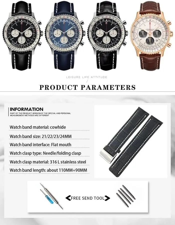 Steel Folding Buckle Men Bracelets 22mm 24mm Genuine Leather Mississippi trench custodian Strap Watch Band Soft for Breitling Navitimer Avenger Watchbands 