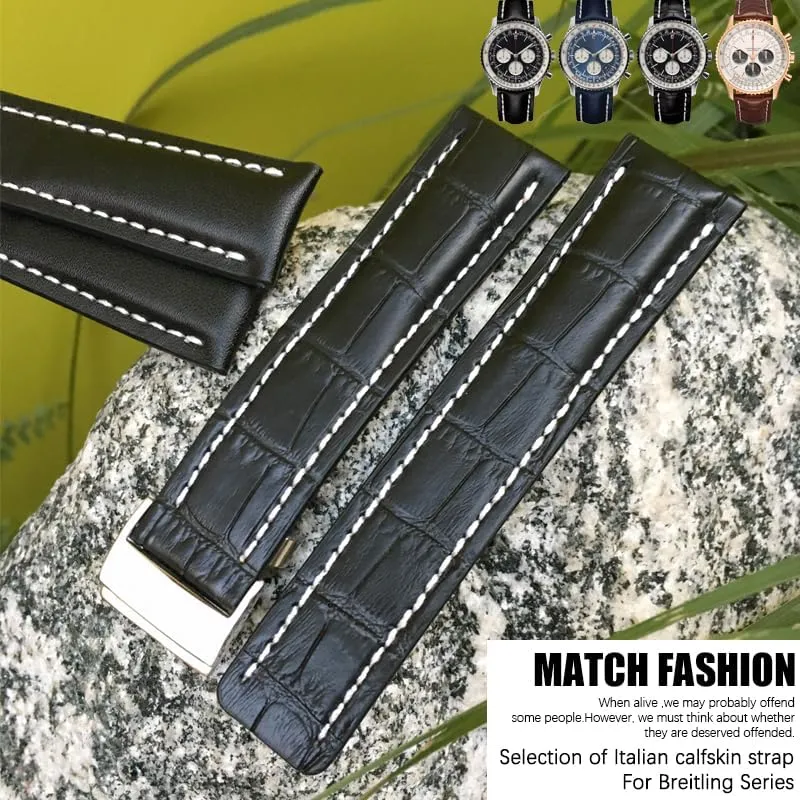 Steel Folding Buckle Men Bracelets 22mm 24mm Genuine Leather Mississippi trench custodian Strap Watch Band Soft for Breitling Navitimer Avenger Watchbands 
