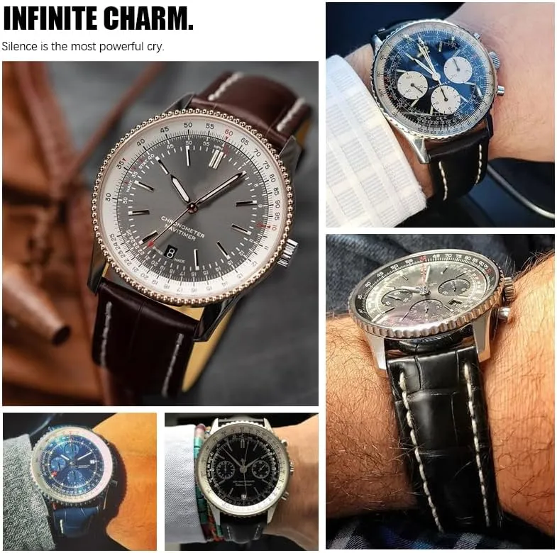 Steel Folding Buckle Men Bracelets 22mm 24mm Genuine Leather Mississippi trench custodian Strap Watch Band Soft for Breitling Navitimer Avenger Watchbands 