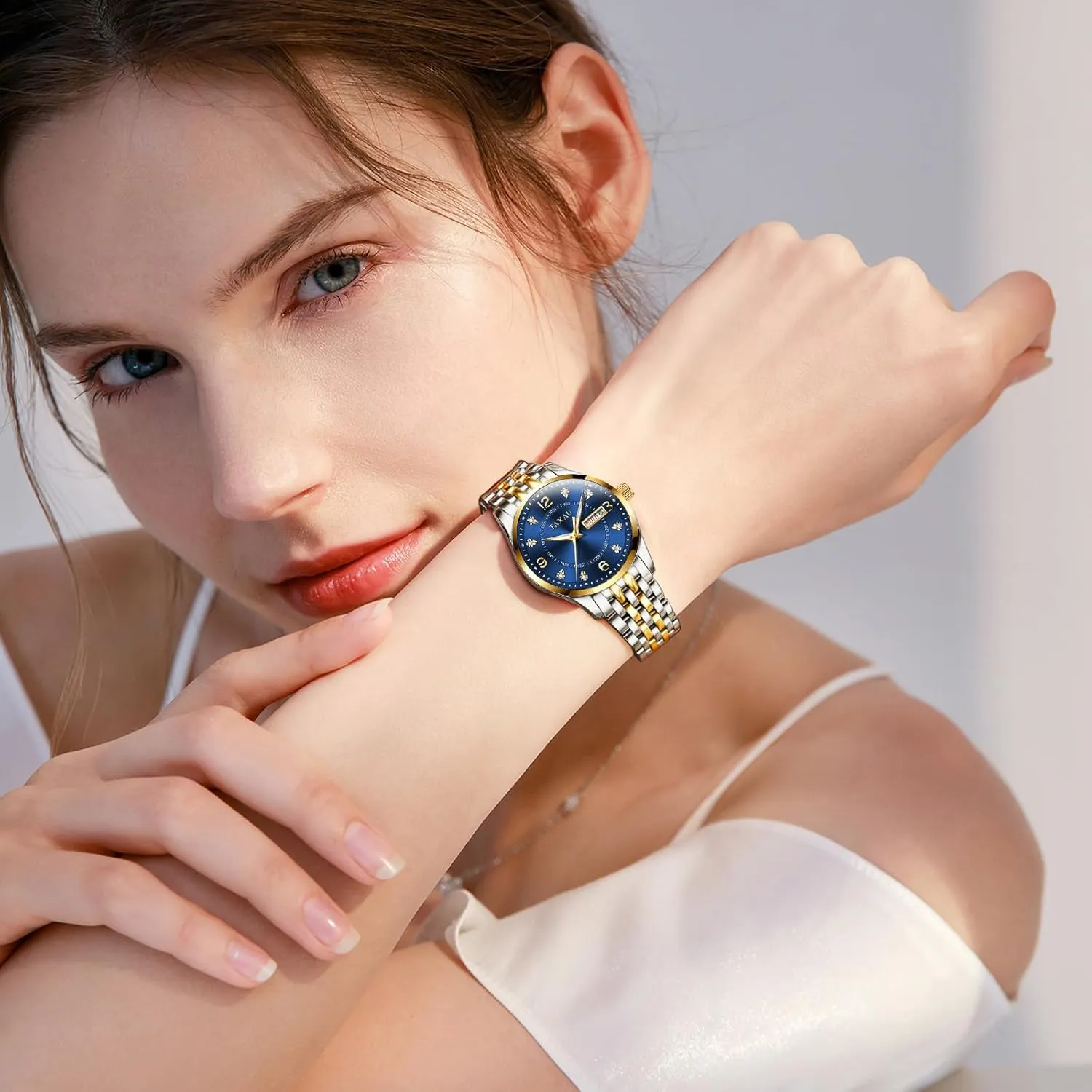 Steel Ladies Watches with Day Date Womens Watch Fashion Dress Waterproof Silver Watches for Women Casual Easy faculty backup halt Read Quartz Analog Women's Watch Two Tone Stainless 