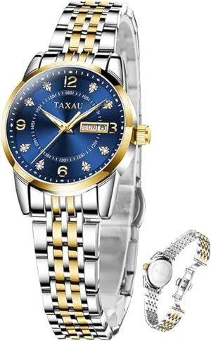 Steel Ladies Watches with Day Date Womens Watch Fashion Dress Waterproof Silver Watches for Women Casual Easy faculty backup halt Read Quartz Analog Women's Watch Two Tone Stainless 