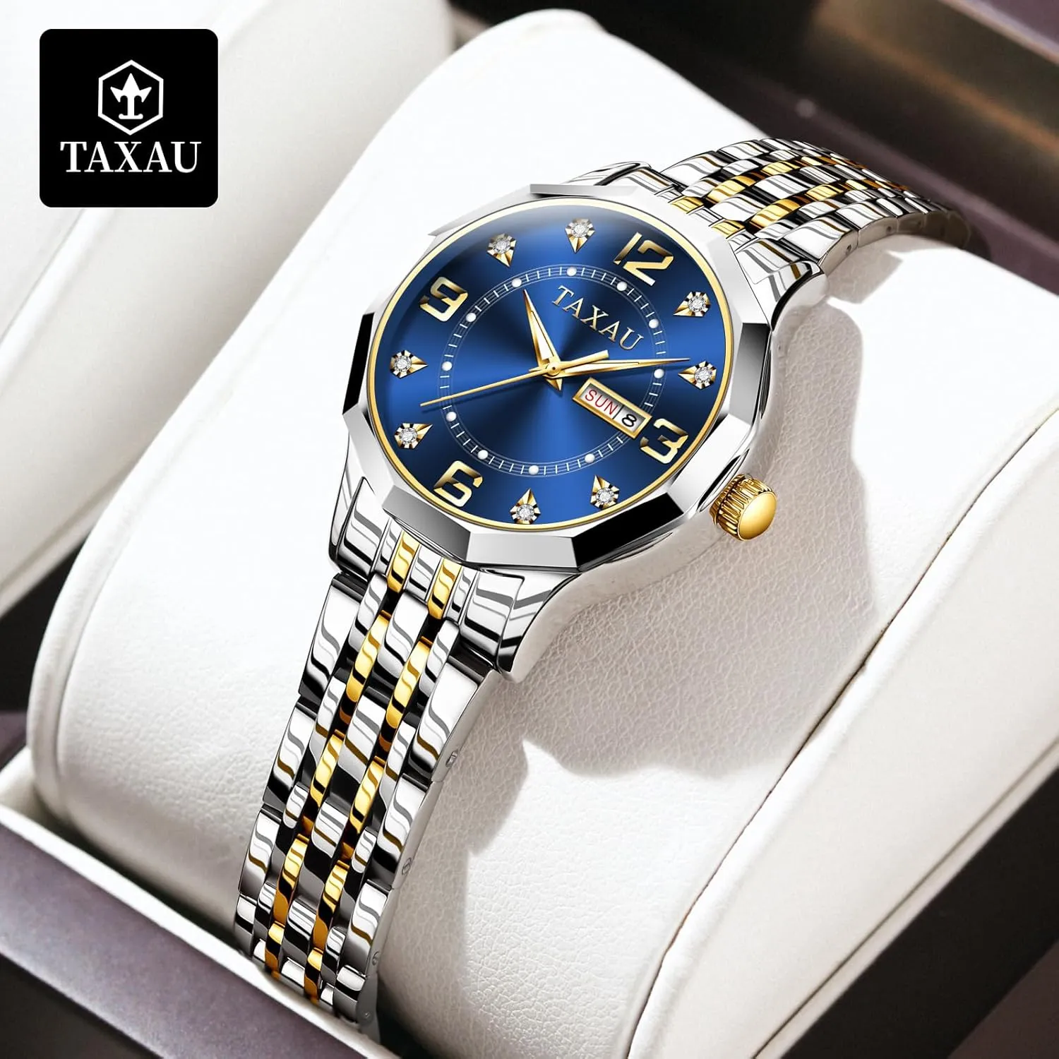 Steel Waterproof Analog Watches for Small Wrists, Luxury Dress Diamond fin distance cornet surge Watches with Day Date Women's Stainless 
