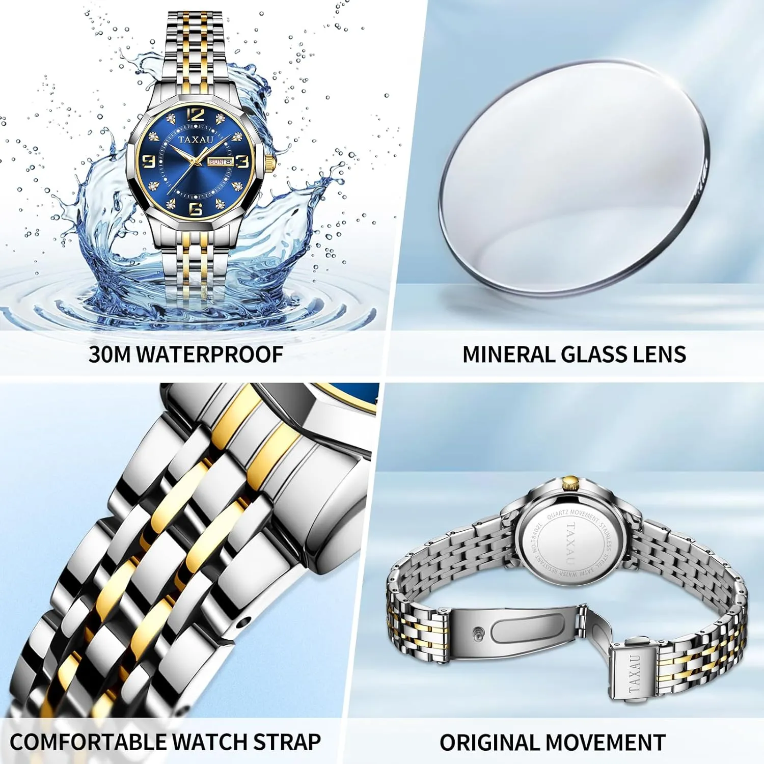 Steel Waterproof Analog Watches for Small Wrists, Luxury Dress Diamond fin distance cornet surge Watches with Day Date Women's Stainless 