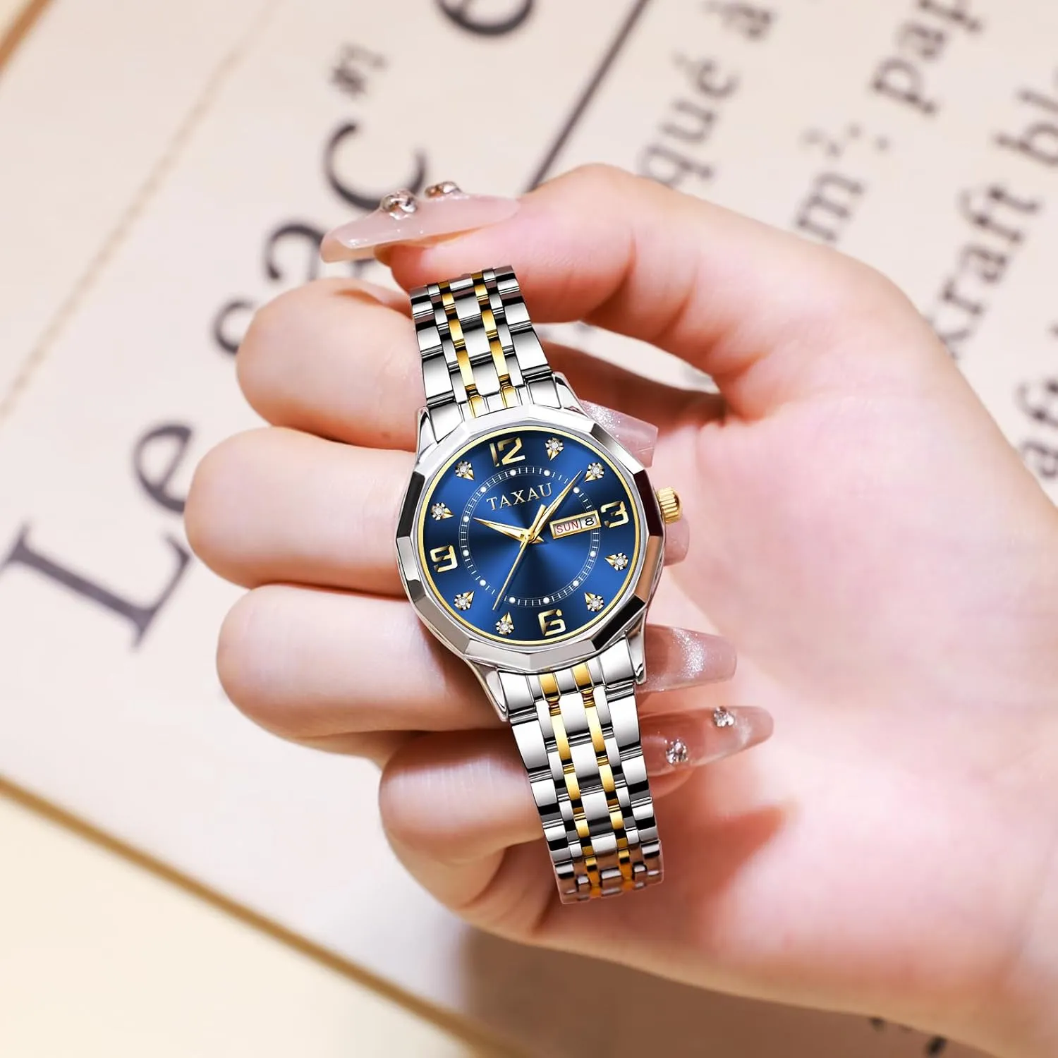 Steel Waterproof Analog Watches for Small Wrists, Luxury Dress Diamond fin distance cornet surge Watches with Day Date Women's Stainless 