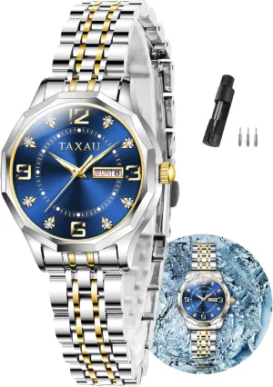 Steel Waterproof Analog Watches for Small Wrists, Luxury Dress Diamond fin distance cornet surge Watches with Day Date Women's Stainless 
