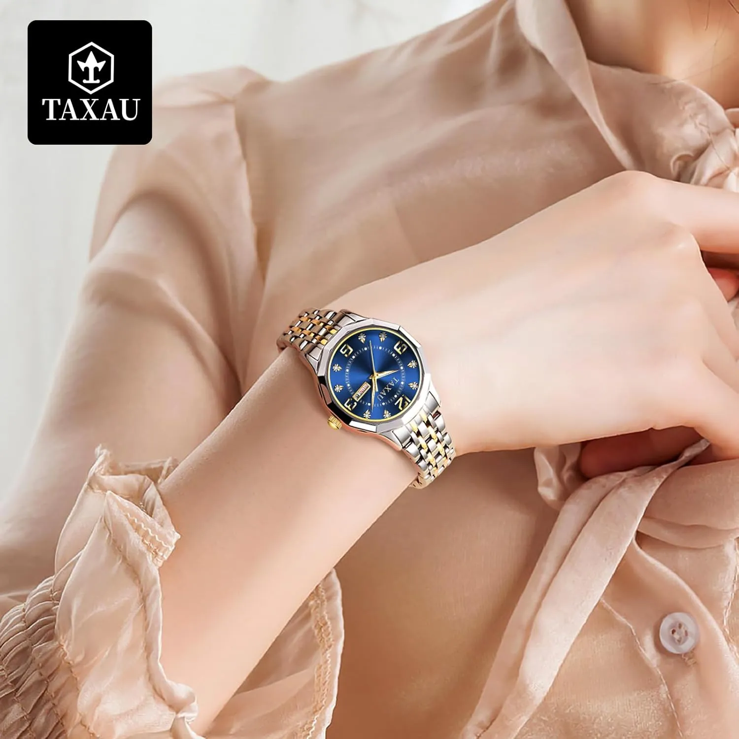 Steel Waterproof Analog Watches for Small Wrists, Luxury Dress Diamond fin distance cornet surge Watches with Day Date Women's Stainless 