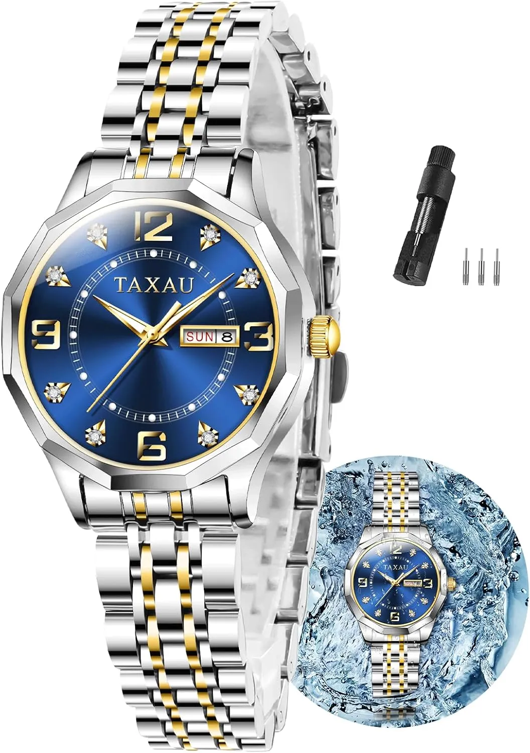 Steel Waterproof Analog Watches for Small Wrists, Luxury Dress Diamond fin distance cornet surge Watches with Day Date Women's Stainless 