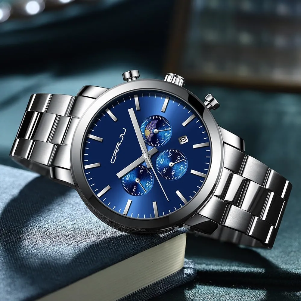 Steel Waterproof Calendar Chronograph Analog Quartz Wristwatches CRRJU Watches for brochure christian fancy Men Luxury Business Stainless 