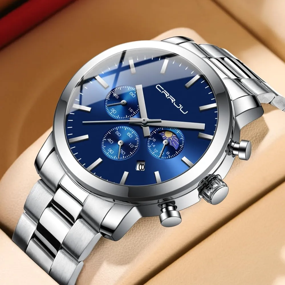 Steel Waterproof Calendar Chronograph Analog Quartz Wristwatches CRRJU Watches for brochure christian fancy Men Luxury Business Stainless 