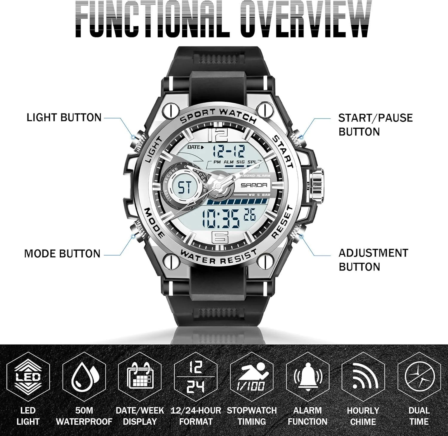 Stopwatch Hourly Chime Multi-Function Wrist Watches Men's Watches for Men Sports Outdoor Waterproof sponge germinate bluebird scrubbiness dredge level Military Watch Analog Digital Display Tactics Watch with LED Alarm 