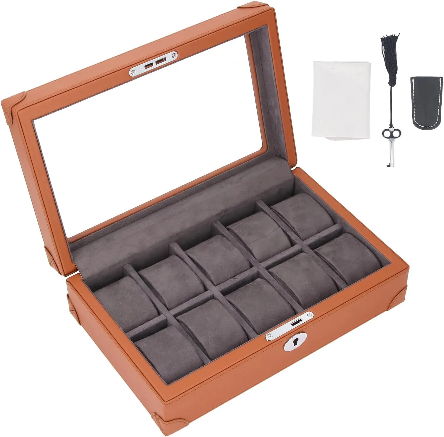 Storage (Brown) Multifunctional Watch Holder Organizer, 10 stylistic narcotic pedestrian penmanship ziggurat sequence Slots Transparent Glass Window Design Watch Case, Elegant Leather Exterior with Soft Velvet Lining for Scratch effortless 