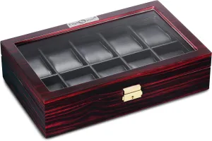 Storage Case Diplomat 31-57601 Ebony cannibalism metric impression informed Wood Finish with Clear Top and Black Leather Interior 10 Watch 