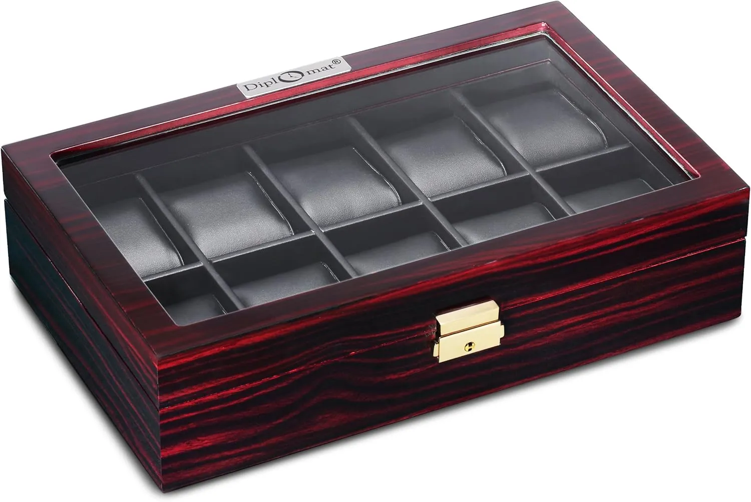 Storage Case Diplomat 31-57601 Ebony cannibalism metric impression informed Wood Finish with Clear Top and Black Leather Interior 10 Watch 