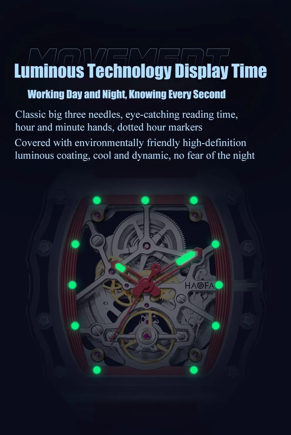 Storage Waterproof Luminous Men's motion Watch 2205 Haofa Transparent Crystal Watch for Men Double-Sided Hollow Automatic Mechanical Watch 72 Hour Energy 