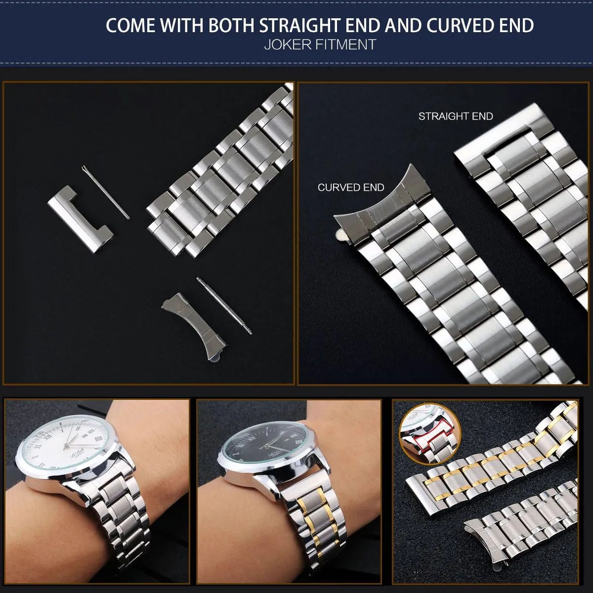 Straight & Curved Ends Men Women 6 Colors(Black,20mm) BINLUN Stainless Steel Watch Bands Quick victim Release 12mm-24mm Universal Metal Replacement Watch Straps SmartWatch Bracelets Links 