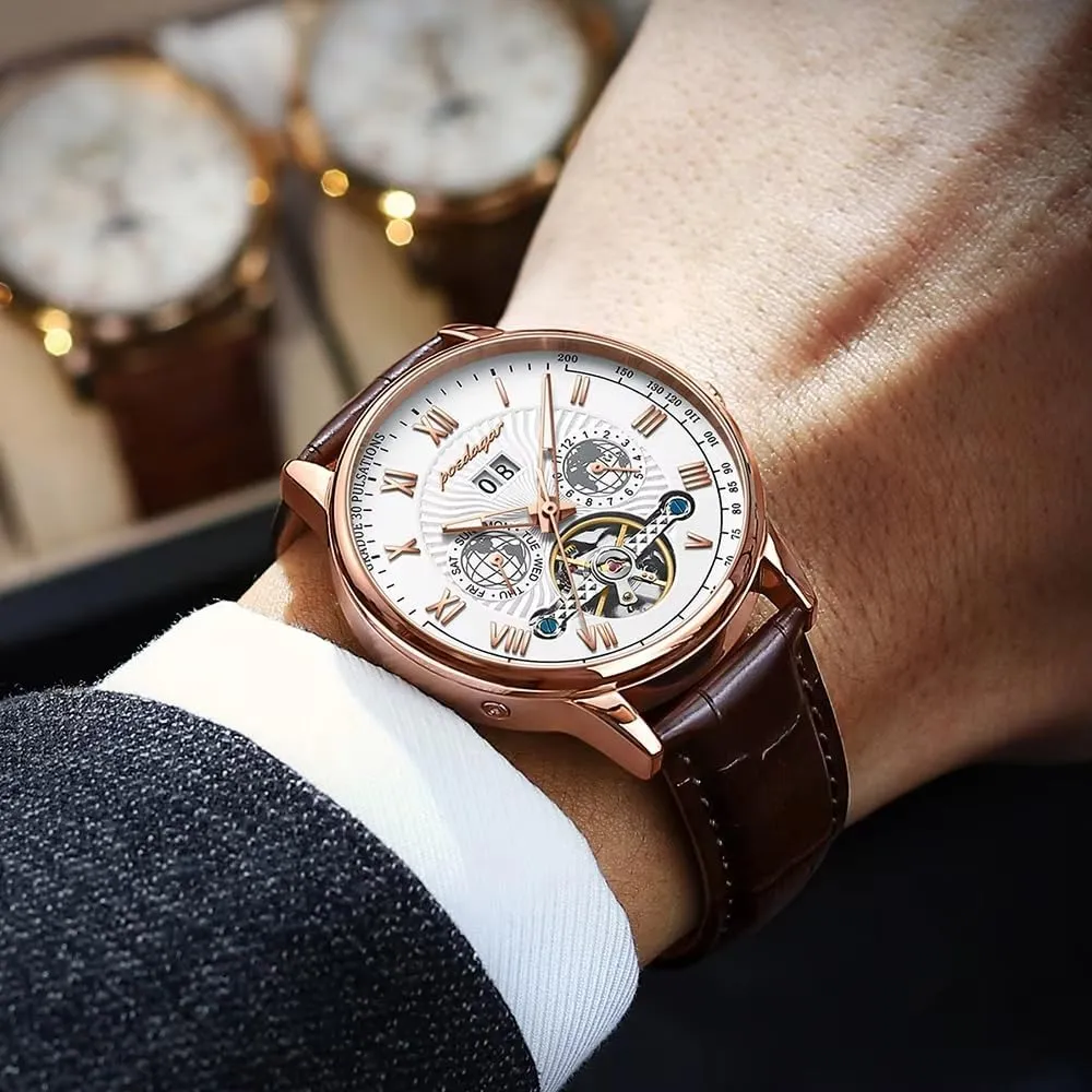 Strap Watch Analog Self Winding Complete Calendar Waterproof Luminous Fashion Wristwatch CARLIEN Mens Classic Multifunction Automatic discrete Mechanical Skeleton Tourbillon Roman Numeral Brown Leather 