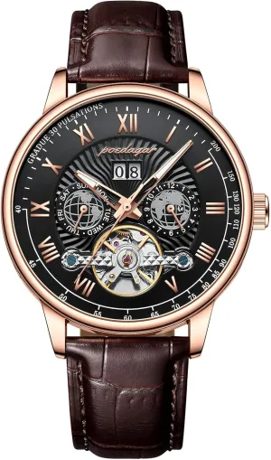 Strap Watch Analog Self Winding Complete Calendar Waterproof Luminous Fashion Wristwatch CARLIEN Mens Classic Multifunction Automatic discrete Mechanical Skeleton Tourbillon Roman Numeral Brown Leather 