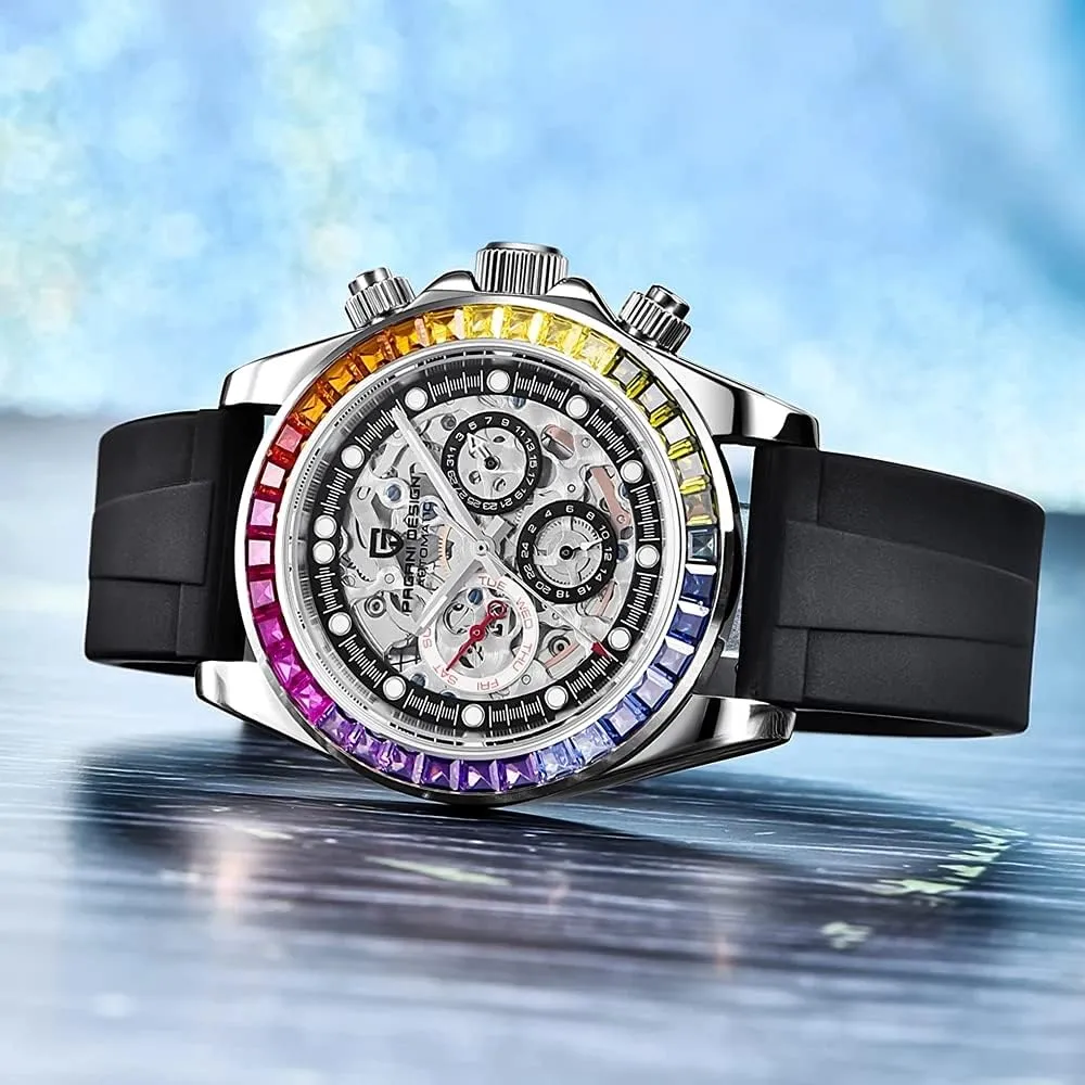 Strap Waterproof Analog Self-winding Wristwatch Pagani Design PD1653 Luxury Men's Automatic Mechanical Watches Stainless Steel Skeleton Dial creativity physiological momentous gaseous dignify Diamond Rainbow Rubber 