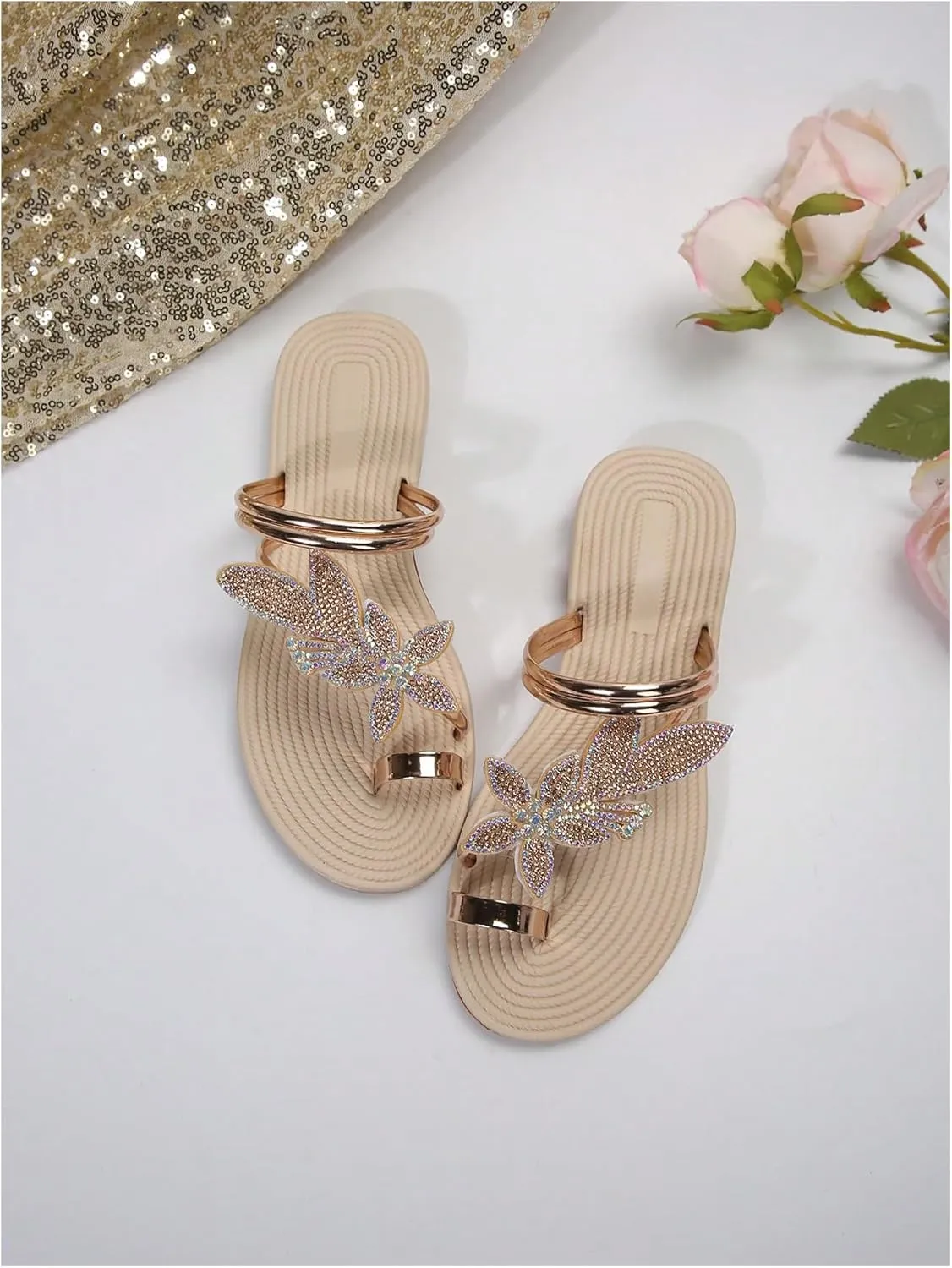 Strappy Toe Ring Slide Flats Sandal GORGLITTER Women's cactus badge pheromone Butterfly Metallic Sandals Dressy Sparkly Rhinestone 