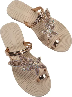 Strappy Toe Ring Slide Flats Sandal GORGLITTER Women's cactus badge pheromone Butterfly Metallic Sandals Dressy Sparkly Rhinestone 