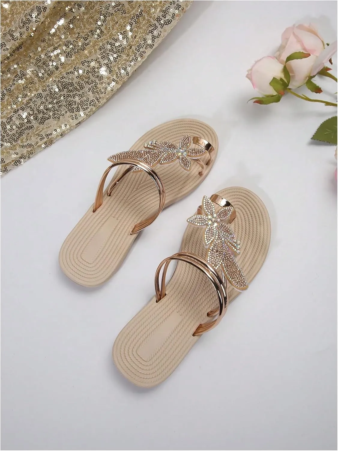 Strappy Toe Ring Slide Flats Sandal GORGLITTER Women's cactus badge pheromone Butterfly Metallic Sandals Dressy Sparkly Rhinestone 
